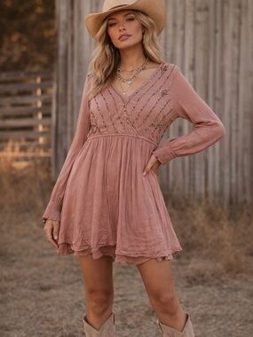 Boho Festival Embroidered Babydoll Dress Coral Rose Beaded Rodeo Western XS